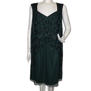 ADRIANNA PAPELL Evening Dress, 16W, Dark Green, Mesh/Beaded, Sleeveless, Zip